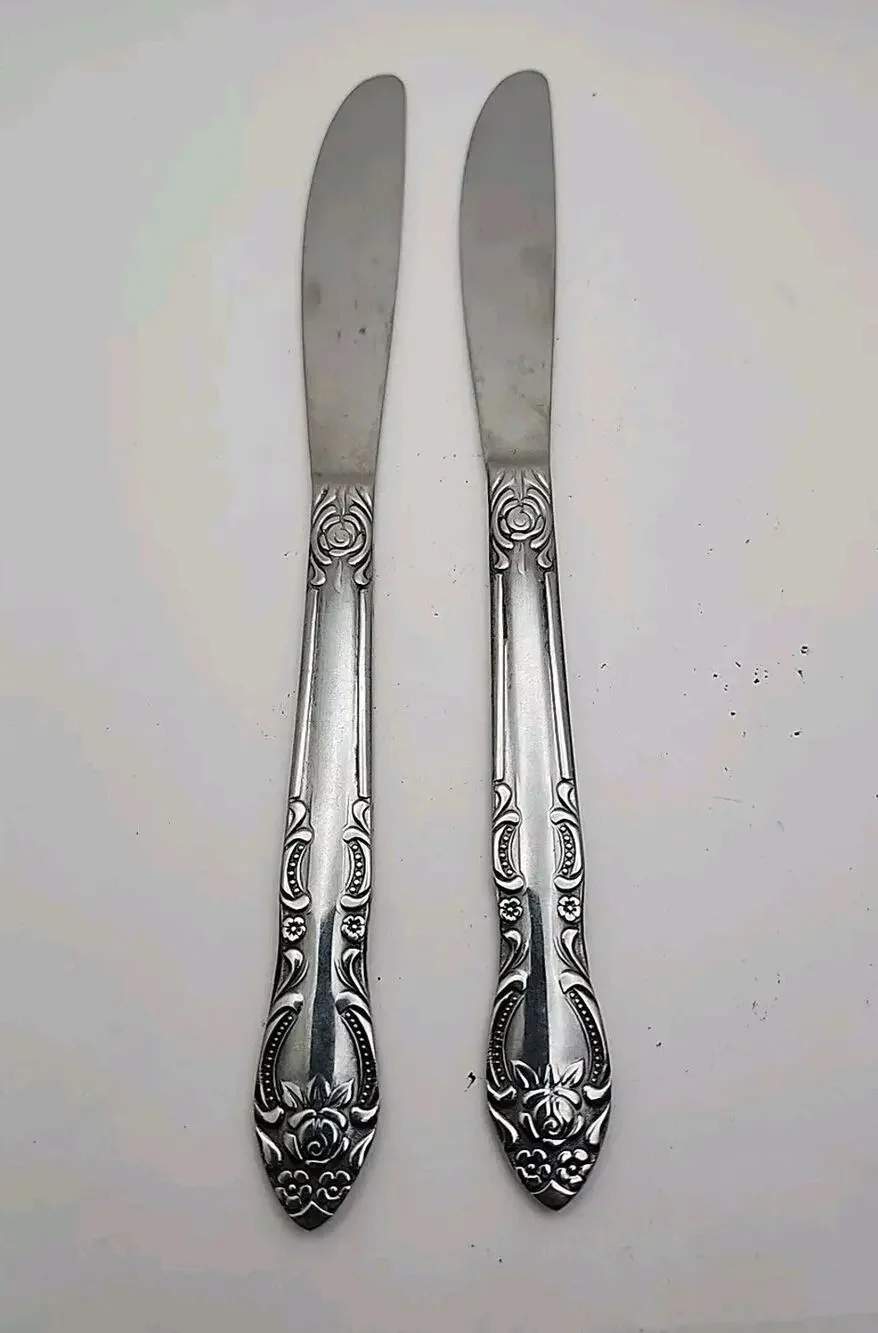 2 Vtg Stainless Steel FLATWARE Butter Knives Ornate Rose Floral Handle Japan